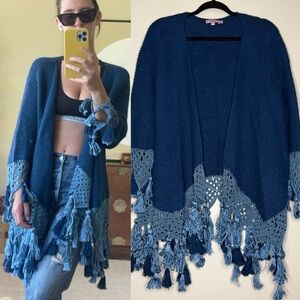 CALYPSO ST. BARTH Beach Boho Alpaca Knit Crochet Tassel Trim Open Front Cardigan